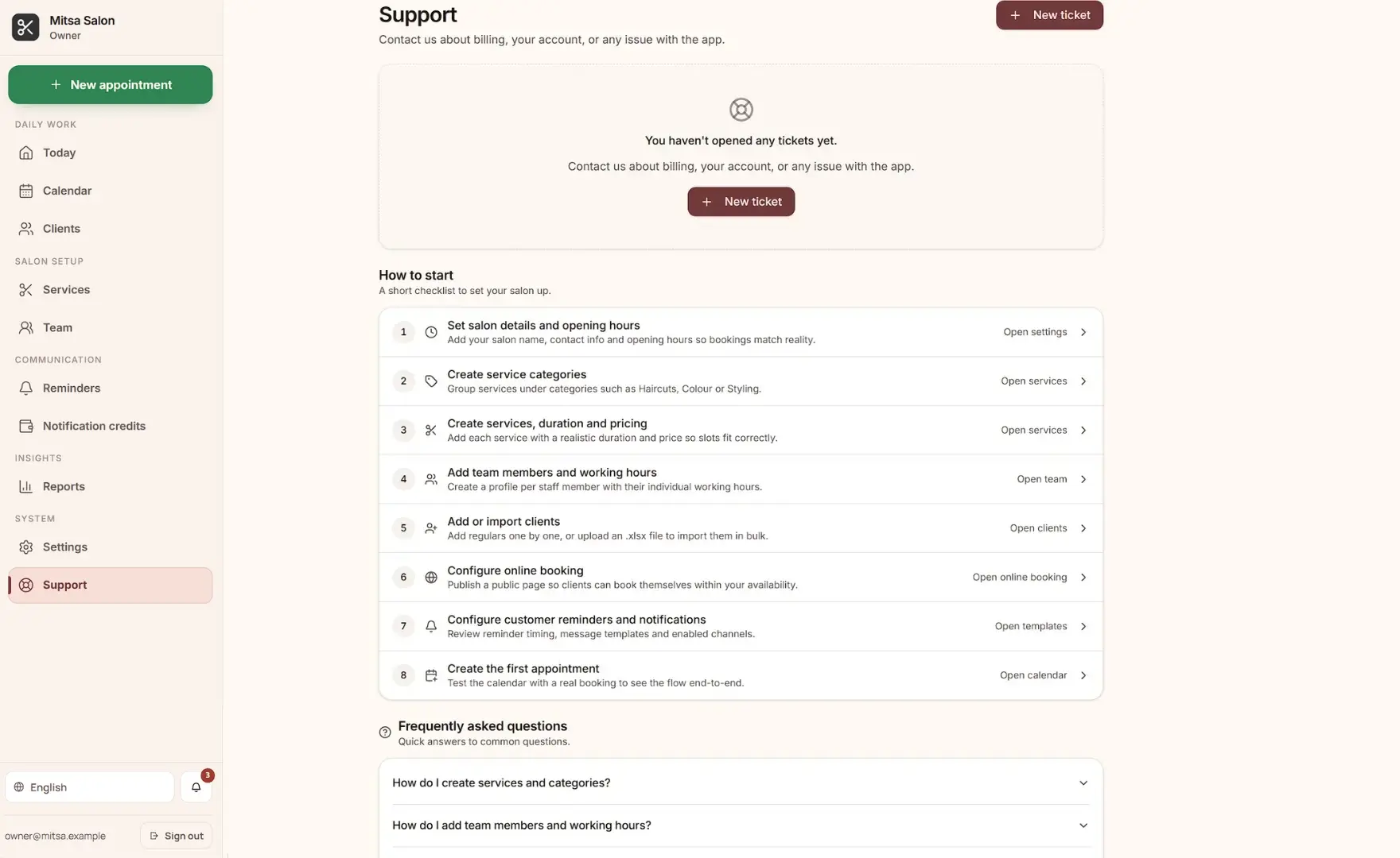 Salon Director support page with tickets, how-to-start checklist and FAQ