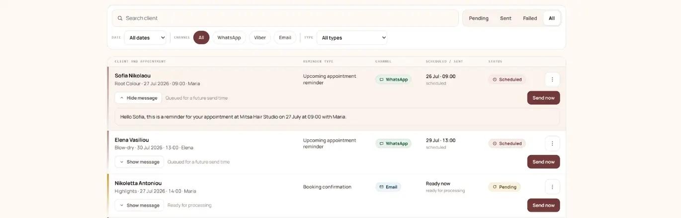 Notifications centre listing scheduled WhatsApp and email reminders with status filters