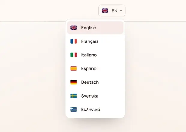 Language switcher open with English, French, Italian, Spanish, German, Swedish and Greek options
