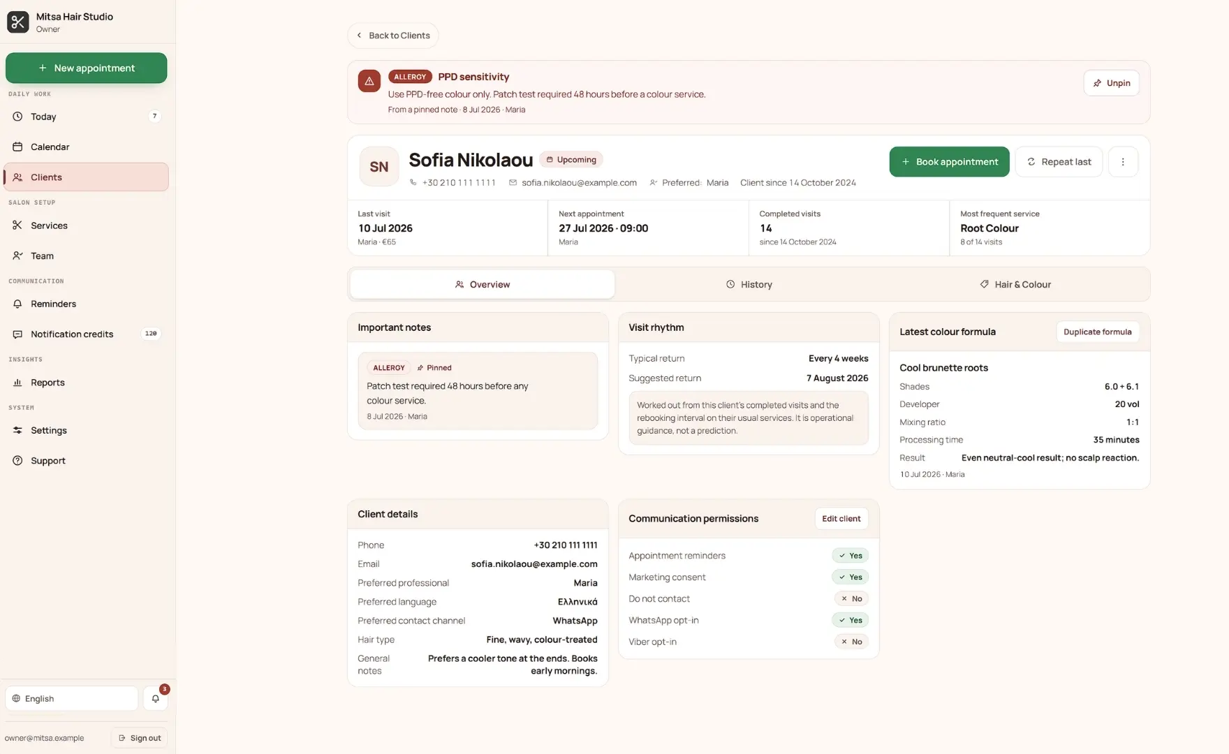 Salon Director client profile with visit history and allergy alert