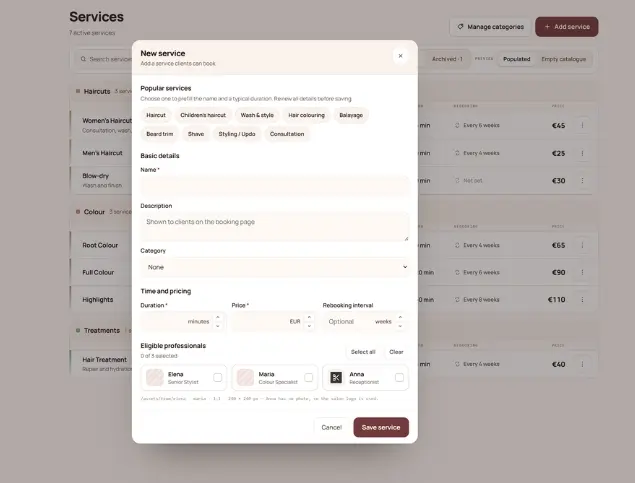 New service dialog with duration, price and eligible professionals