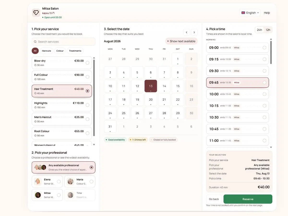 Salon Director online booking page showing service, professional, date and time selection