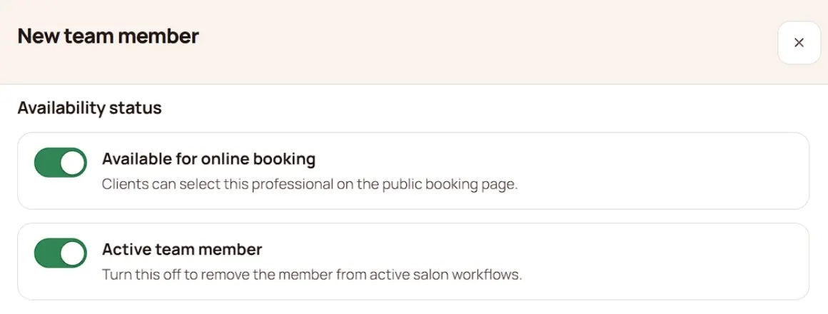New team member dialog with availability and active team member toggles