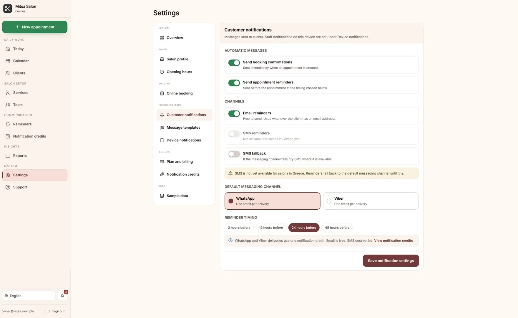 Salon Director notification settings with push, email and SMS options