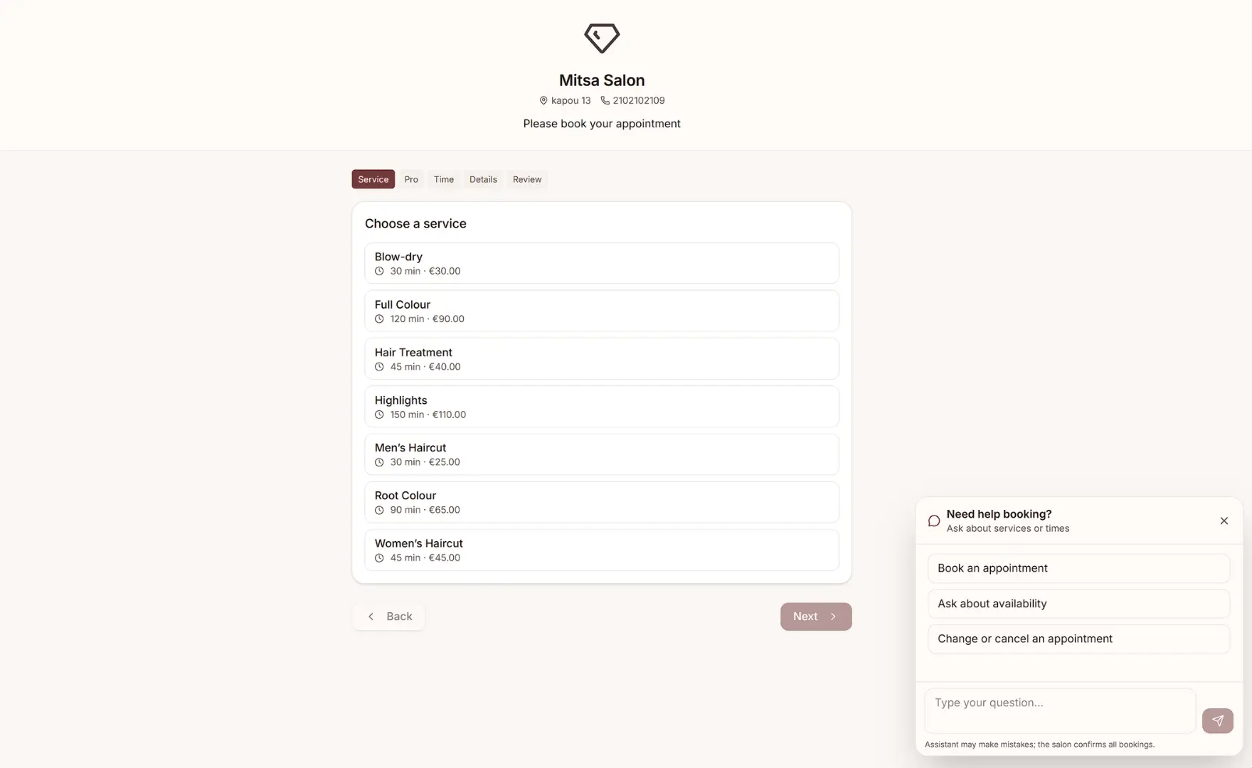 Salon Director AI booking assistant guiding a client through service selection