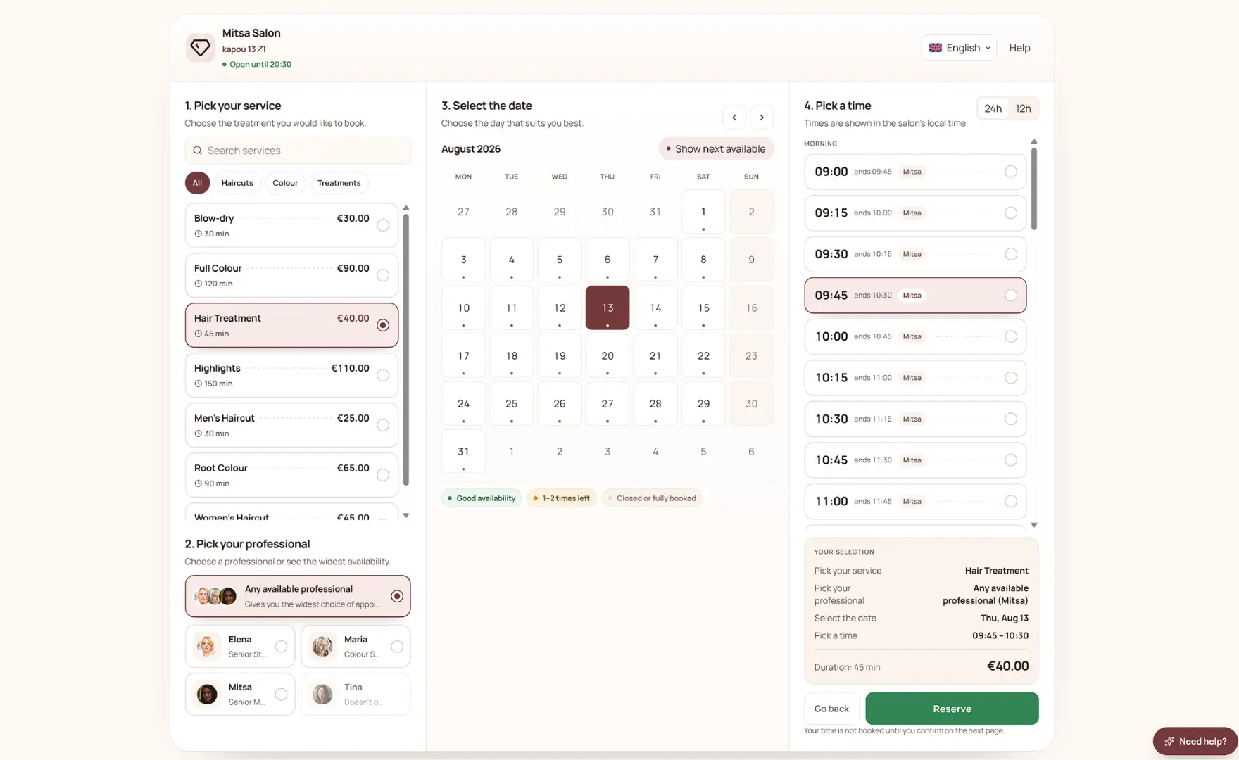 Salon Director AI booking assistant guiding a client through service selection