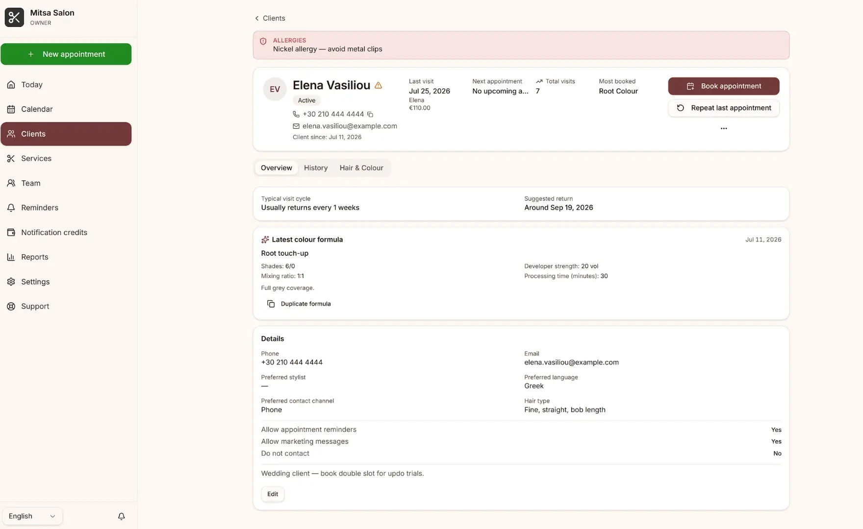 Salon Director client profile with visit history and allergy alert
